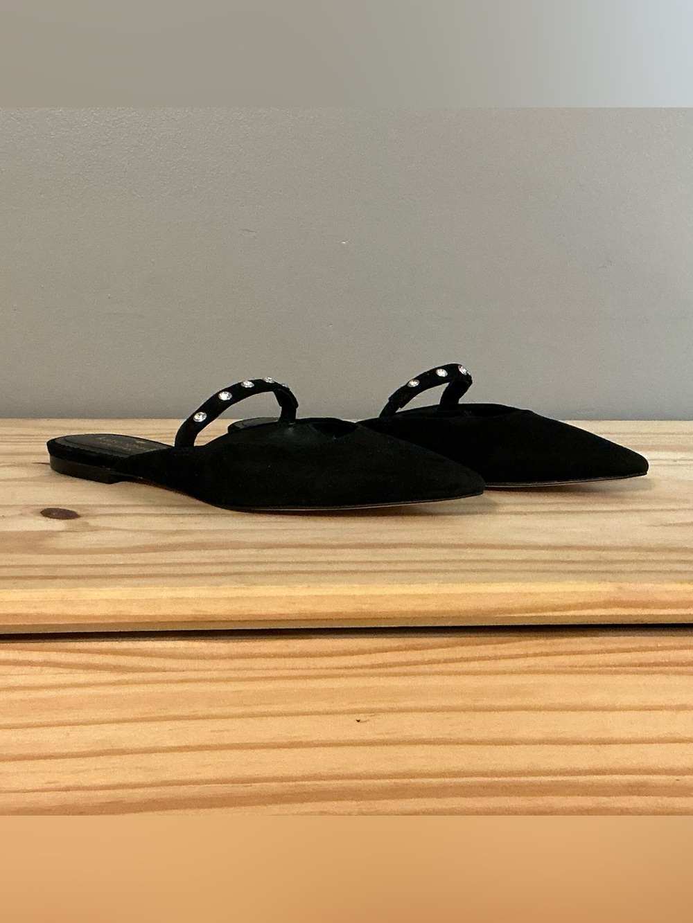 kate spade Black Suede Pointed Toe Mules with Crystal-Studded Strap